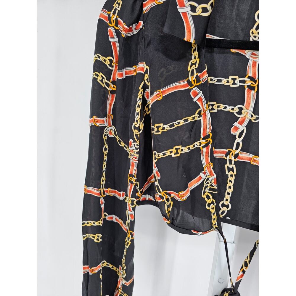Timing Womens Sz S long-sleeve blouse black and gold chain print and a tie-front - Picture 2 of 4